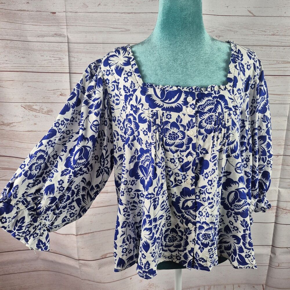 Rachel Zoe Womens White Blue Floral Top Size XL Boho Cottage Coastal Prairie